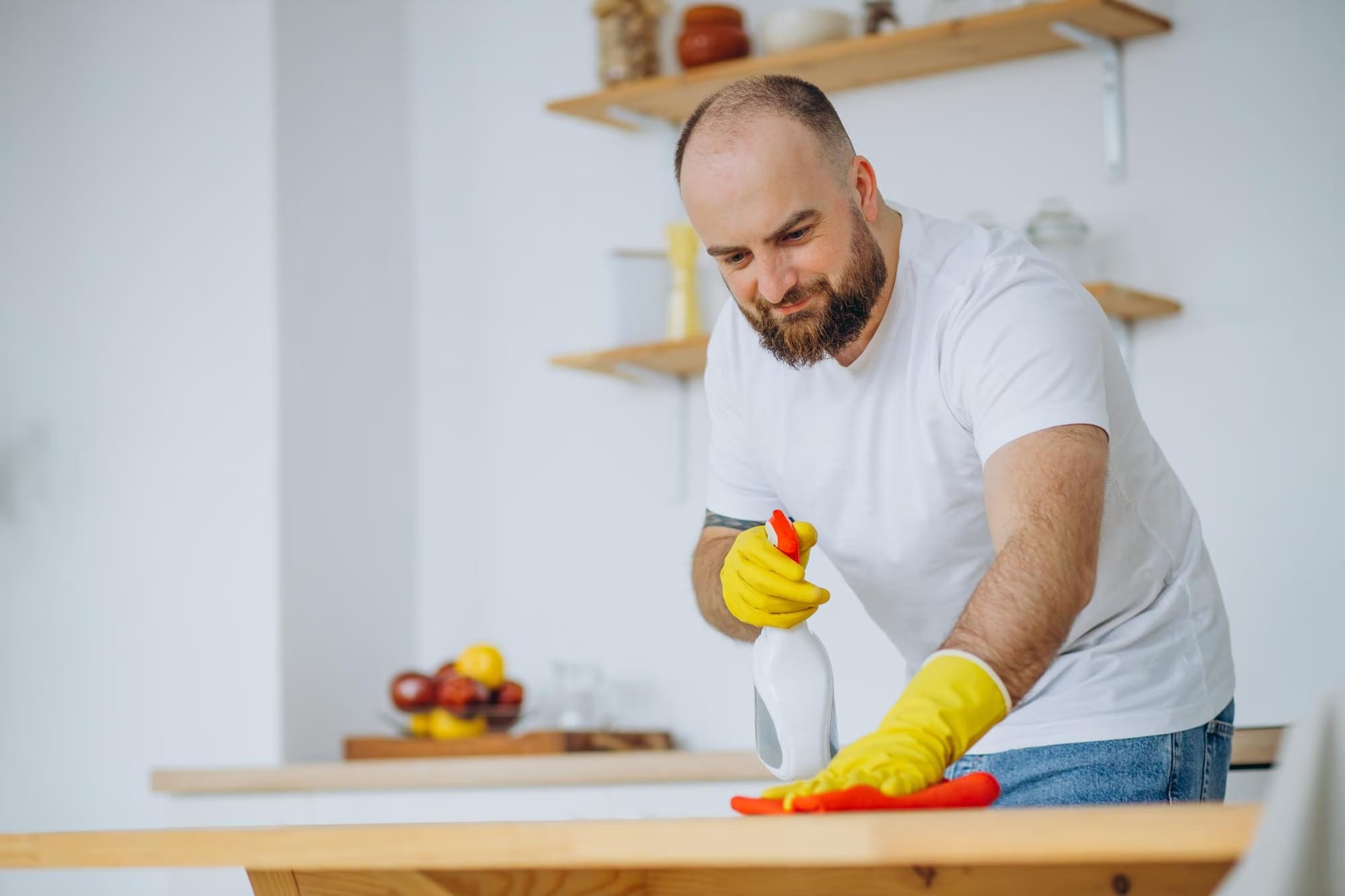 Homem adulto limpando mesa de madeira na cozinha, usando luvas amarelas e spray de limpeza, em ambiente claro e organizado.
