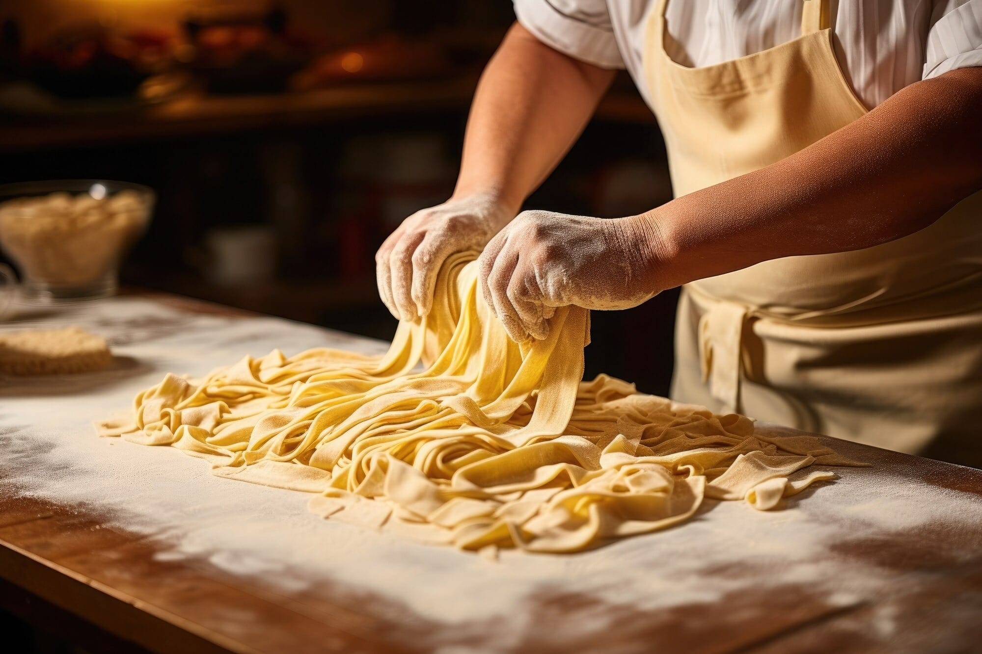 Mãos preparando massa caseira fresca de tagliatelle em bancada com farinha