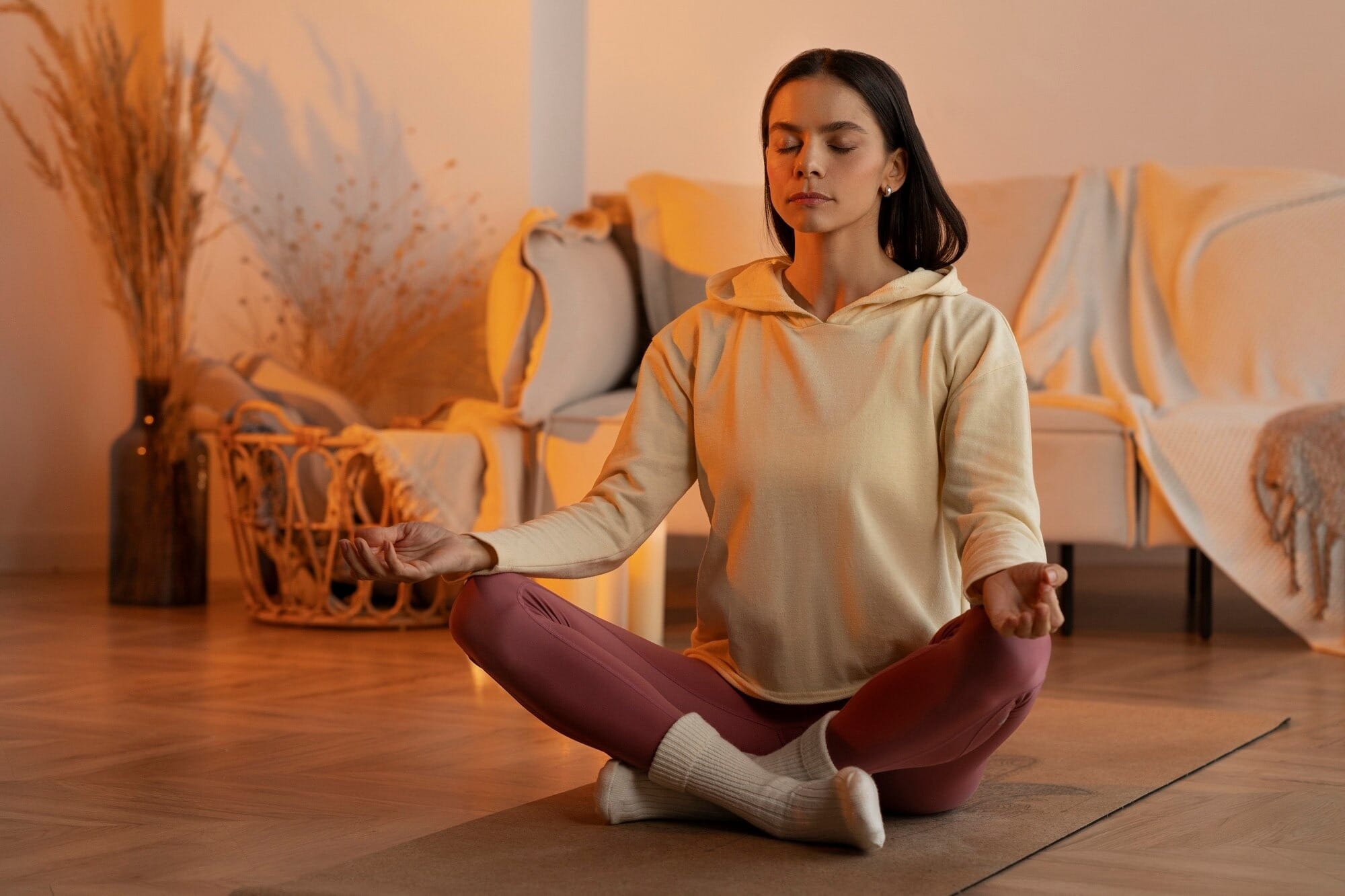 Mulher praticando meditação para iniciantes em casa, sentada em posição de lótus no chão com olhos fechados e ambiente tranquilo