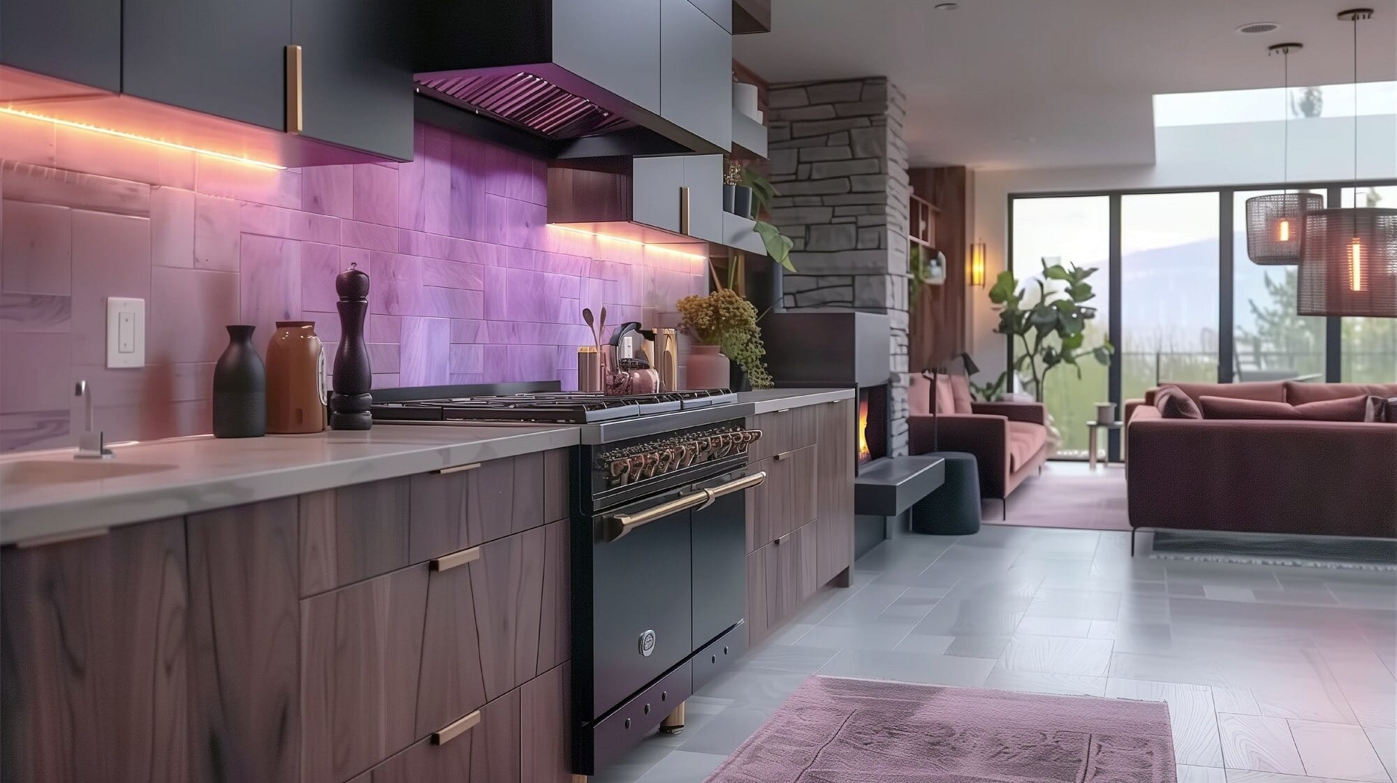 Cozinha moderna renovada com armários cinza, parede de azulejos rosa com LED e decoração criativa sem necessidade de obra