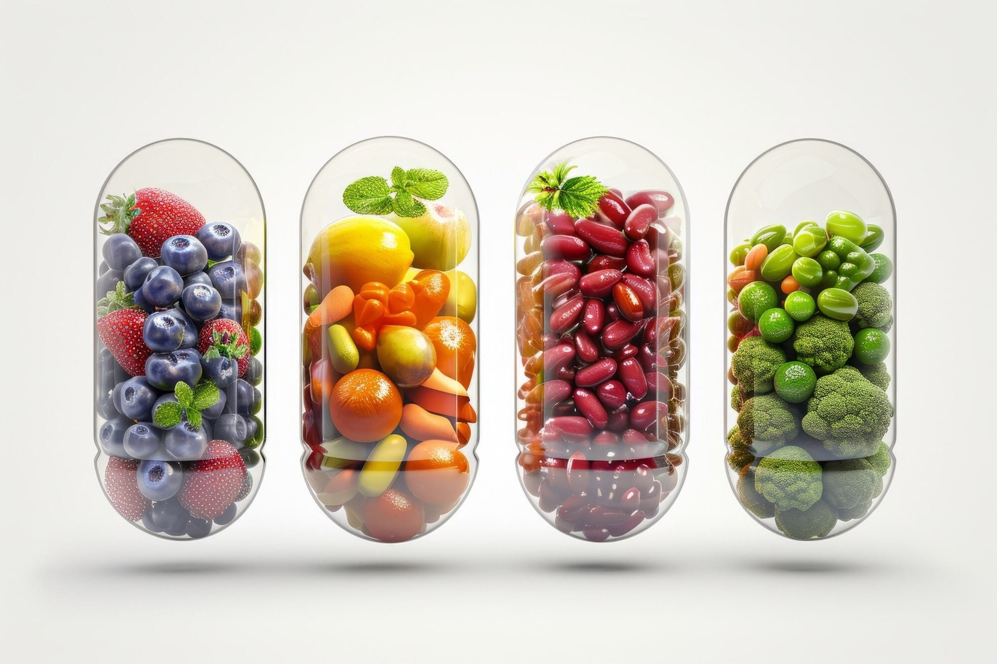 Vitaminas que emagrecem representadas em cápsulas com frutas e legumes coloridos como morangos, laranja, brócolis e mirtilos