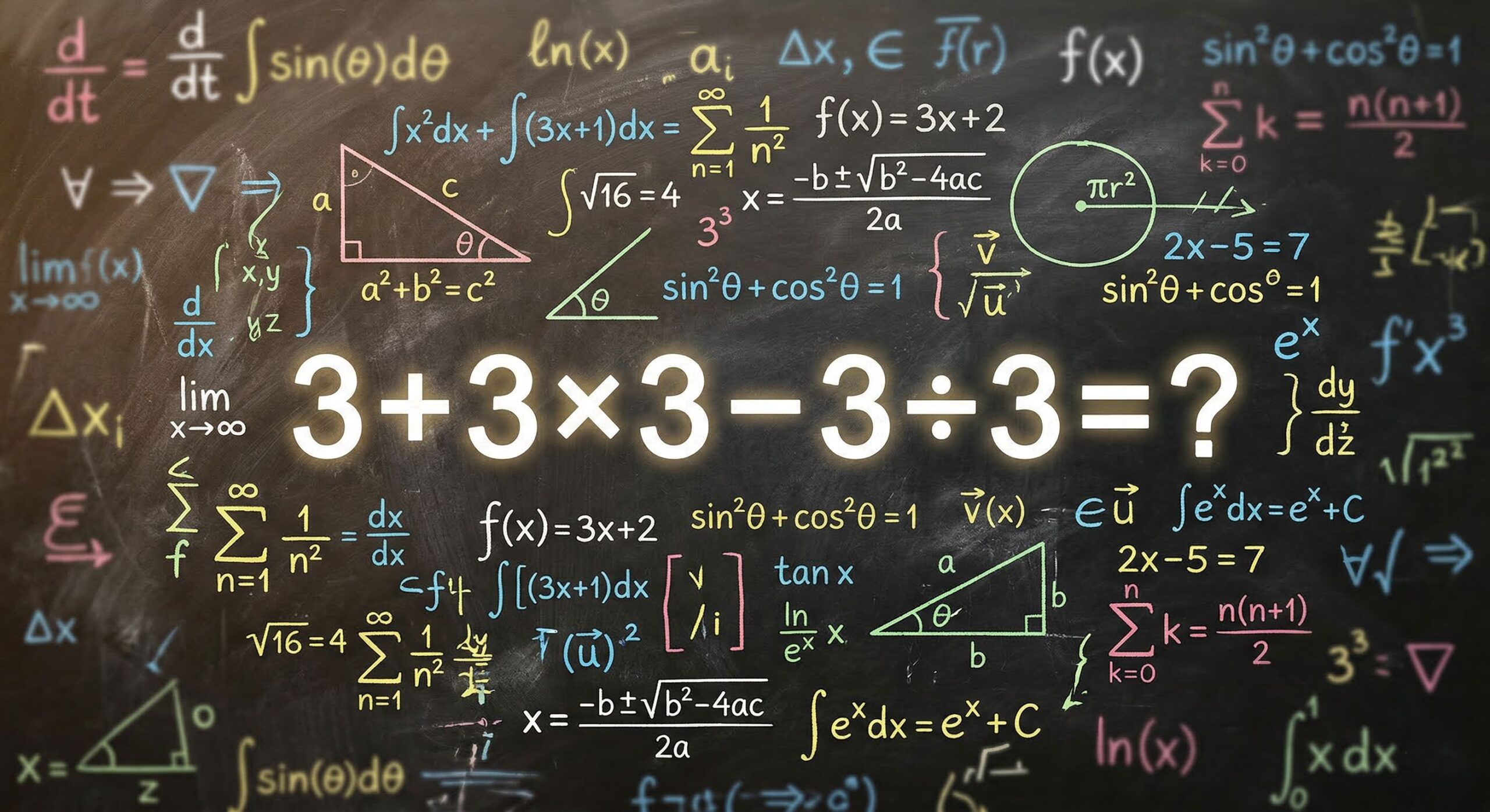 Descubra o erro que muitas pessoas cometem ao resolver 3 + 3 × 3 – 3 ÷ 3
