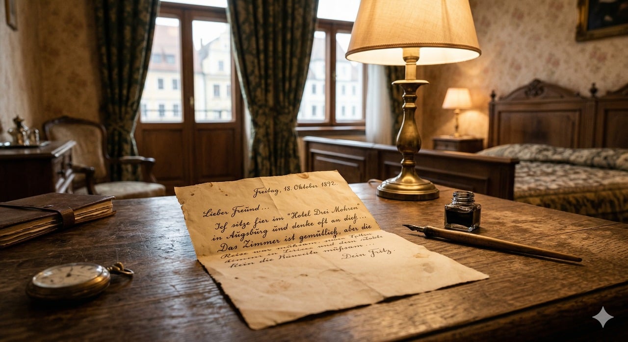 Bilhete manuscrito antigo de Albert Einstein, com assinatura visível, repousa em papel timbrado sobre mesa de madeira