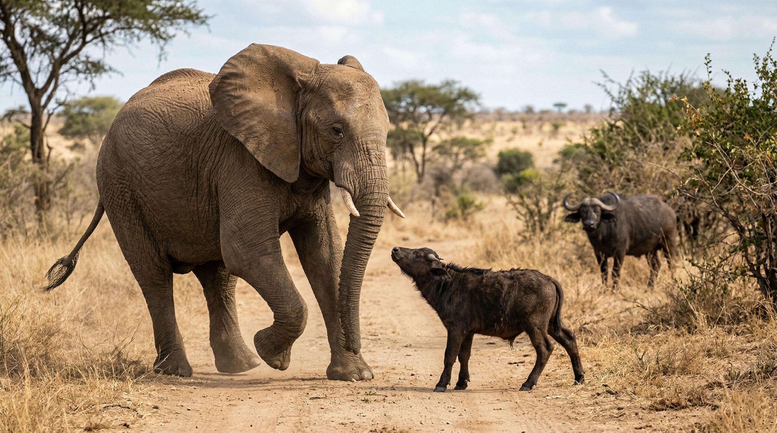 A coragem de um búfalo bebê faz elefante recuar em um encontro inesperado A coragem de um búfalo bebê faz elefante recuar em um encontro inesperado