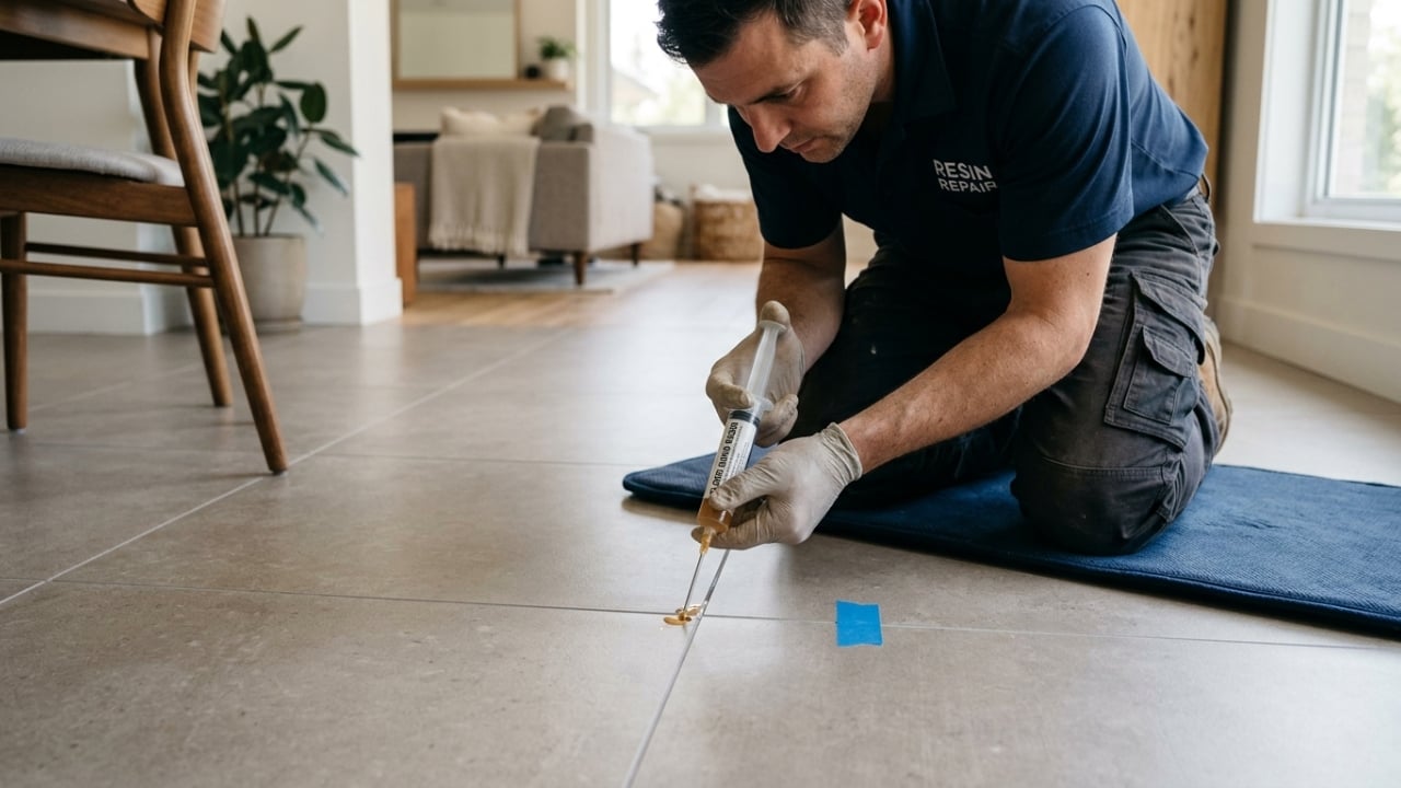 Essa resina se espalha pelo vão existente entre o verso da peça e o contrapiso, ocupando o espaço vazio